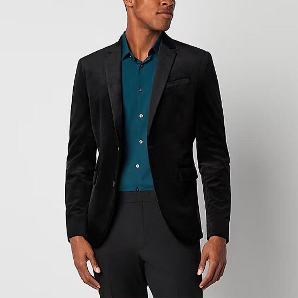 J. Ferrar velvet men’s black blazer button sz M slim preppy Holidays Christmas